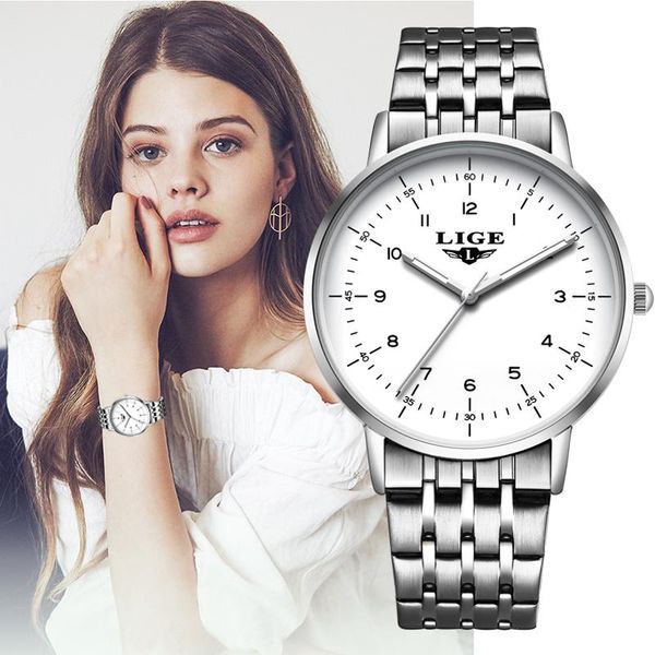 wristwatches lige women casual quartz watches rose gold waterproof stainless steel wrist gift relogio feminino, Slivery;brown